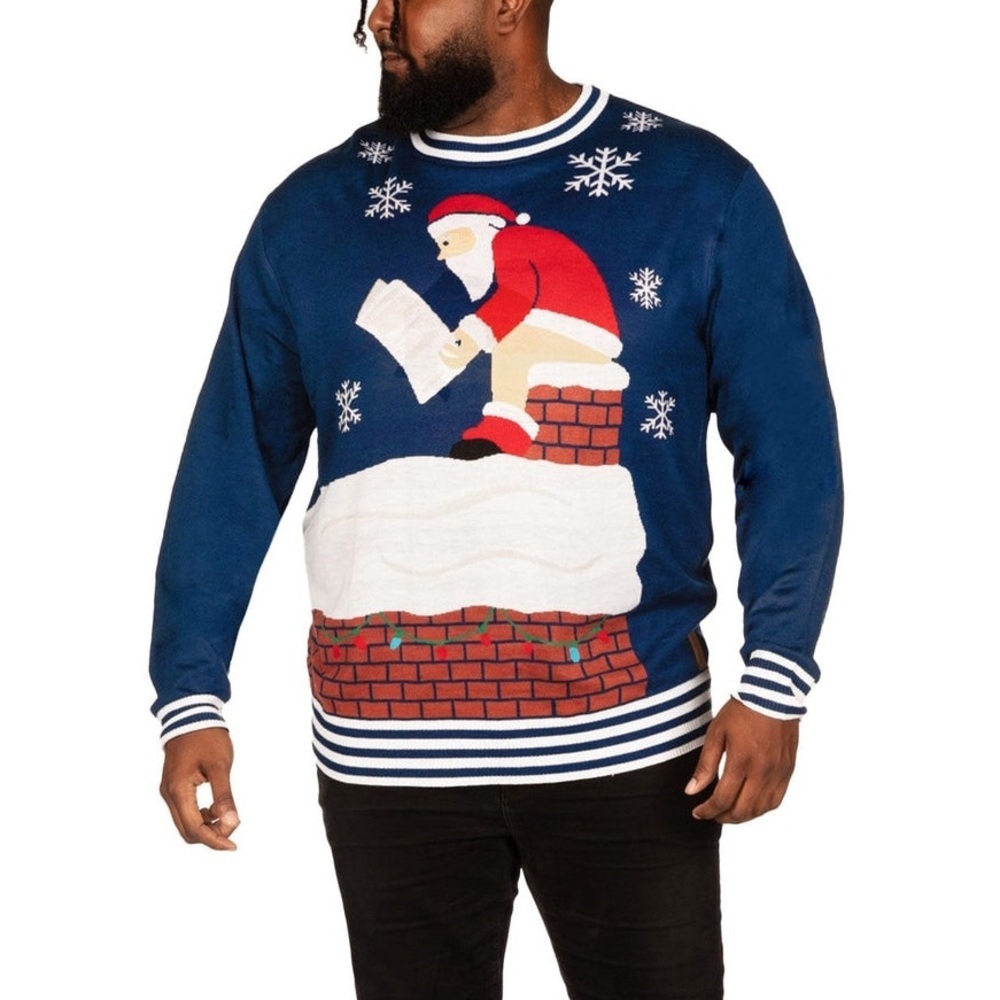 Tipsy Elves Santa's Log On The Fire Ugly Christmas Sweater‎ Size XXL Blue - NWOT